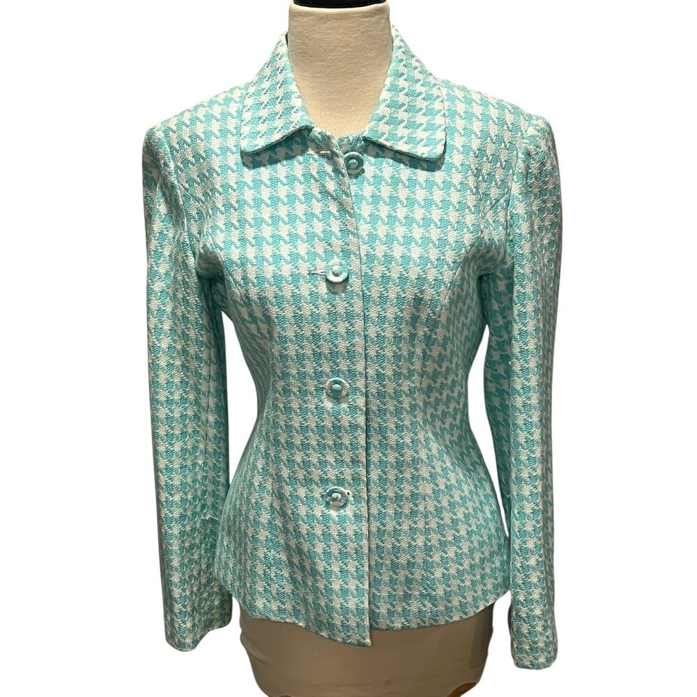 DONNA RAE New York White & Blue Houndstooth Jacket Women Sz 6 100% Cotton READ